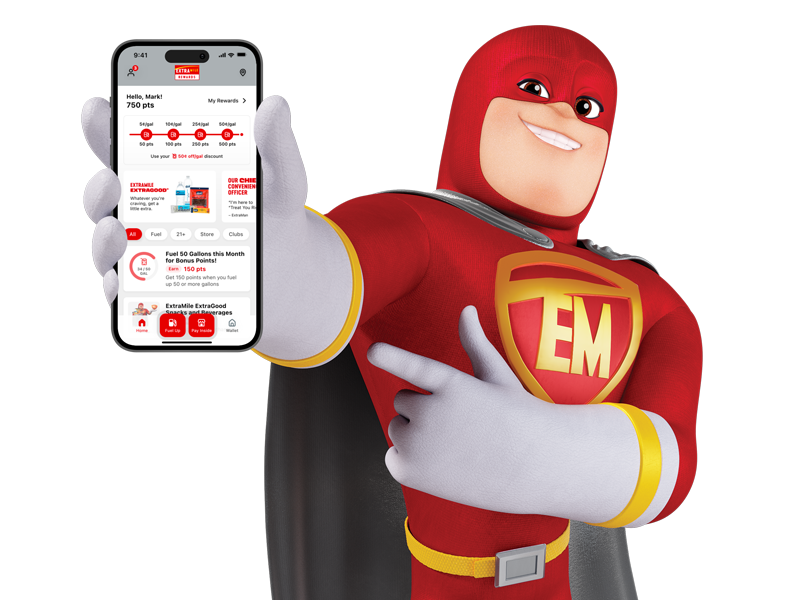 ExtraMile Man holding a mobile phone with the downloaded ExtraMile Rewards app